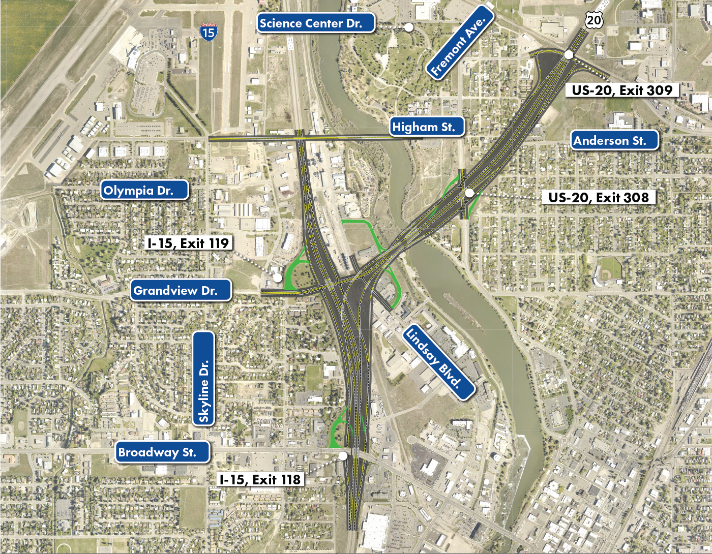 Alternative C3 Aerial map includes Roadways, Structures, and Roadway Obliterations. It also includes 9 highlighted roads: from south to north they are Science Center Drive, Fremont Ave., Hgham St., Anderson St., Olympia Dr., Grandview Dr., Skyline Fr., Lindsay Blvd., and Broadway St. I-15, Exit 118 and US-20, Exit 308 and 309 are also called out. The Alternative area is featured with the notations of the roadway obliterations.