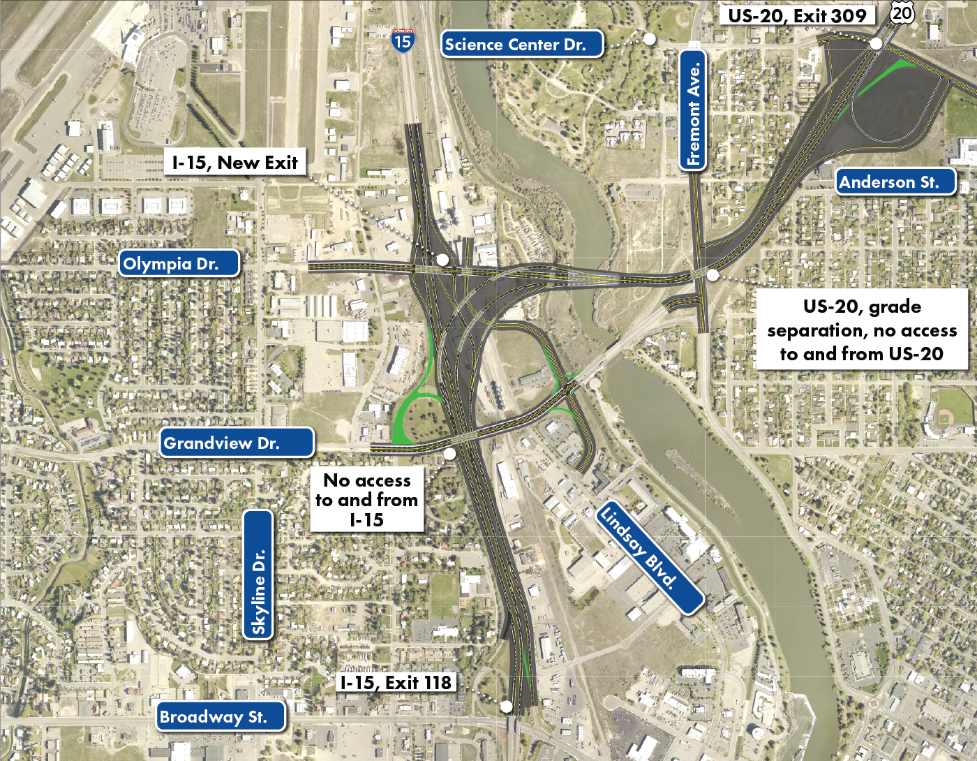 Alternative E3 Aerial map includes Roadways, Structures, and Roadway Obliterations. It also includes 7 highlighted roads: from south to north they are Science Center Drive, Fremont Ave., Anderson St., Olympia Dr., Grandview Dr., Skyline Fr., Lindsay Blvd., and Broadway St. I-15, Exit 118 and US-20 and Exit 309 are also called out. US-20, grade separation, no access to and from US-20 at Fremont Ave. is called out on the map. A call-out showing no access to and from I-15 is called out on the map at Grandview Dr. There is a new exit at 1-15 and Olympia Drive. The Alternative area is featured with the notations of the roadway obliterations.
