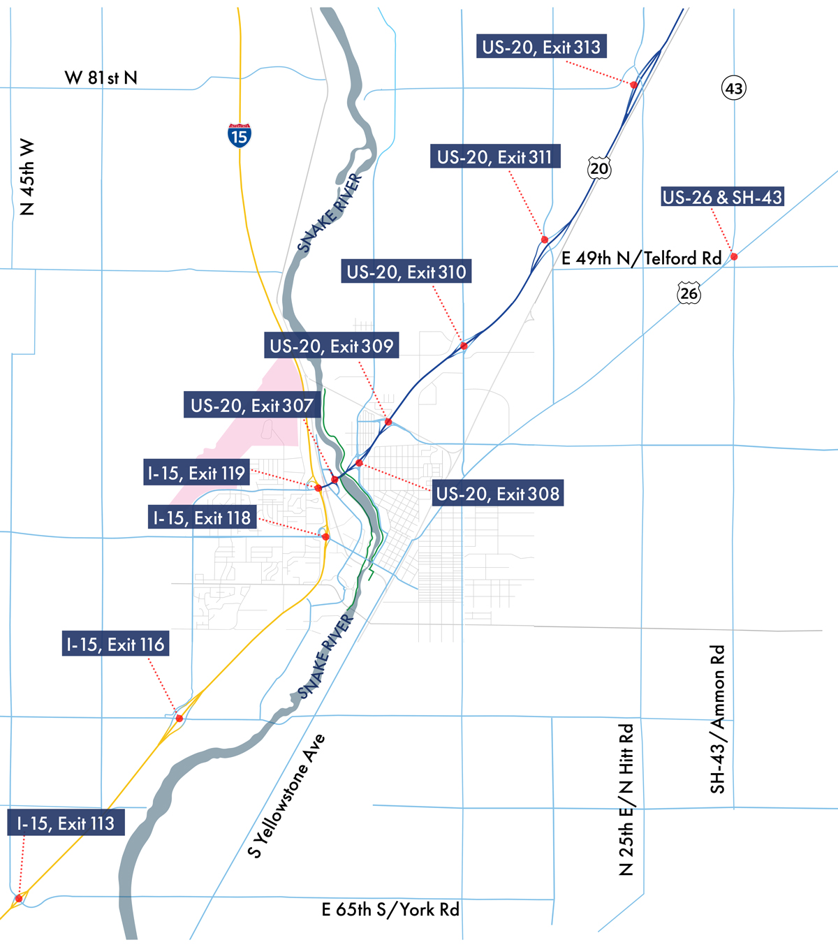 This overall graphic depiction of the project area map of the I-15/US20 Connector Study includes I-15 Exits 113, 116, 118, and 119; US-20 exits 307, 308, 309, 310, 311, and 313. It also includes N 45th W, W 81st N, US-26 & SH-43, E49th N/Telford Rd, S Yellowstone Ave, E 65th S / York Rd, N 25thE/ N Hitt Rd, and SH-42/ Ammon Rd. A shaded area indicating the airport and Snake River are also identified on this map.